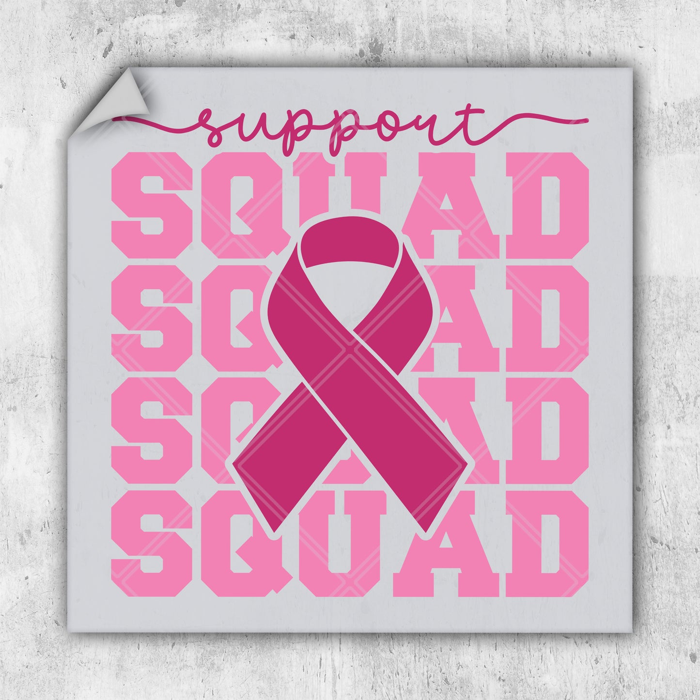 a square sticker with a pink ribbon on it