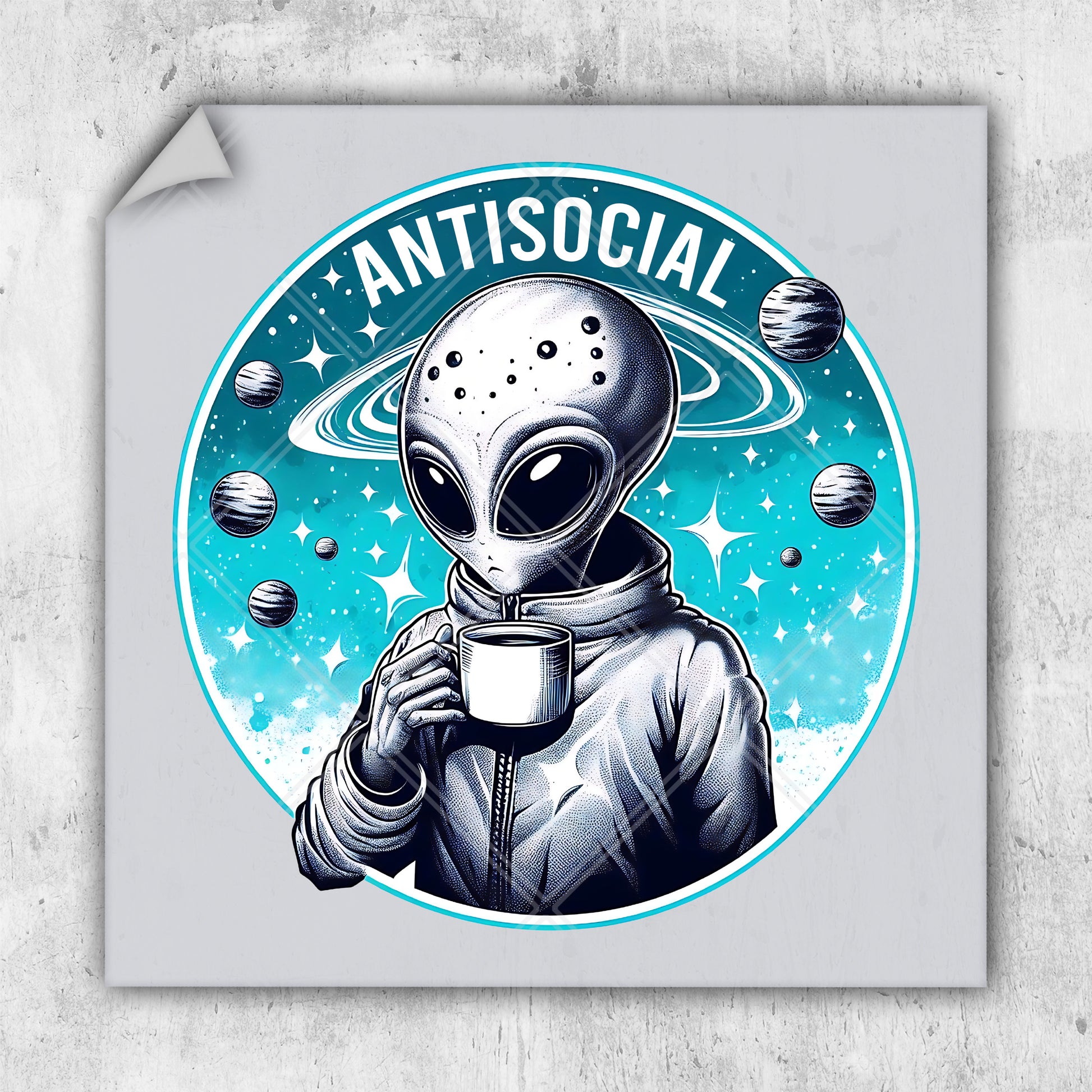 a sticker of an alien holding a cup of coffee