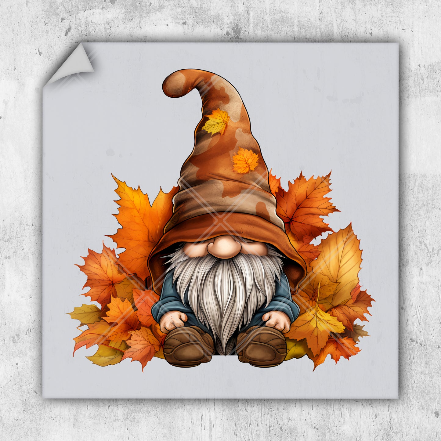 a picture of a gnome sitting on a pile of leaves