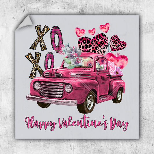 a happy valentine's day card with a pink truck