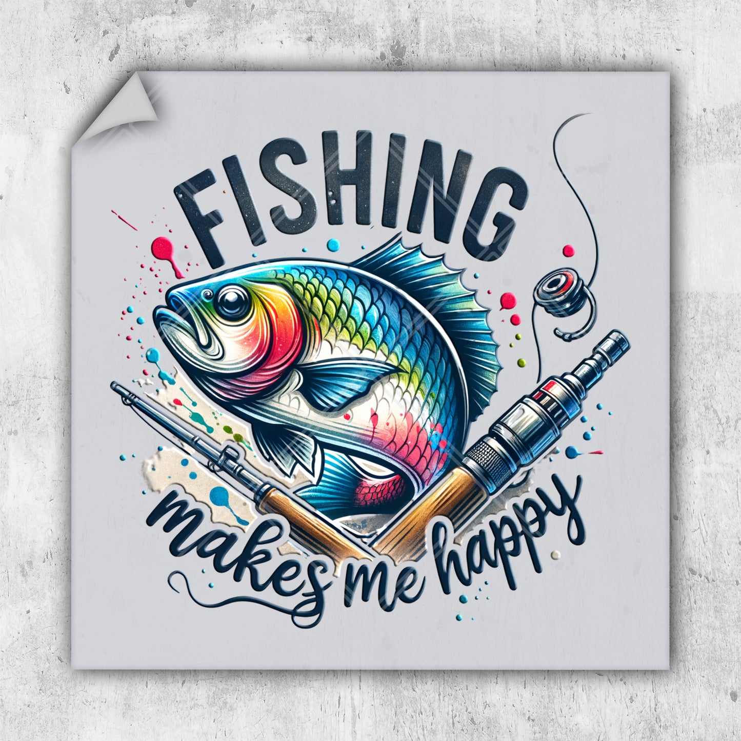 a sticker with a fish on it that says fishing makes me happy