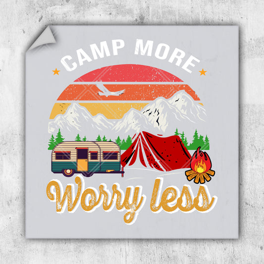 camp more worry less sticker on a wall