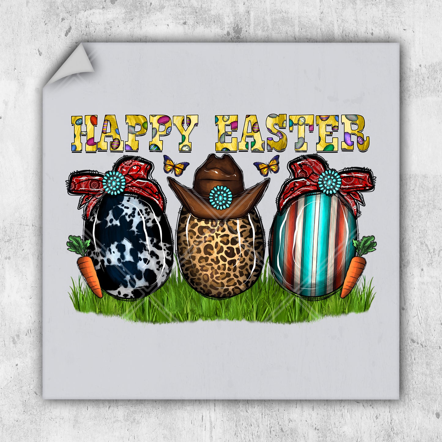 a happy easter card with three decorated eggs