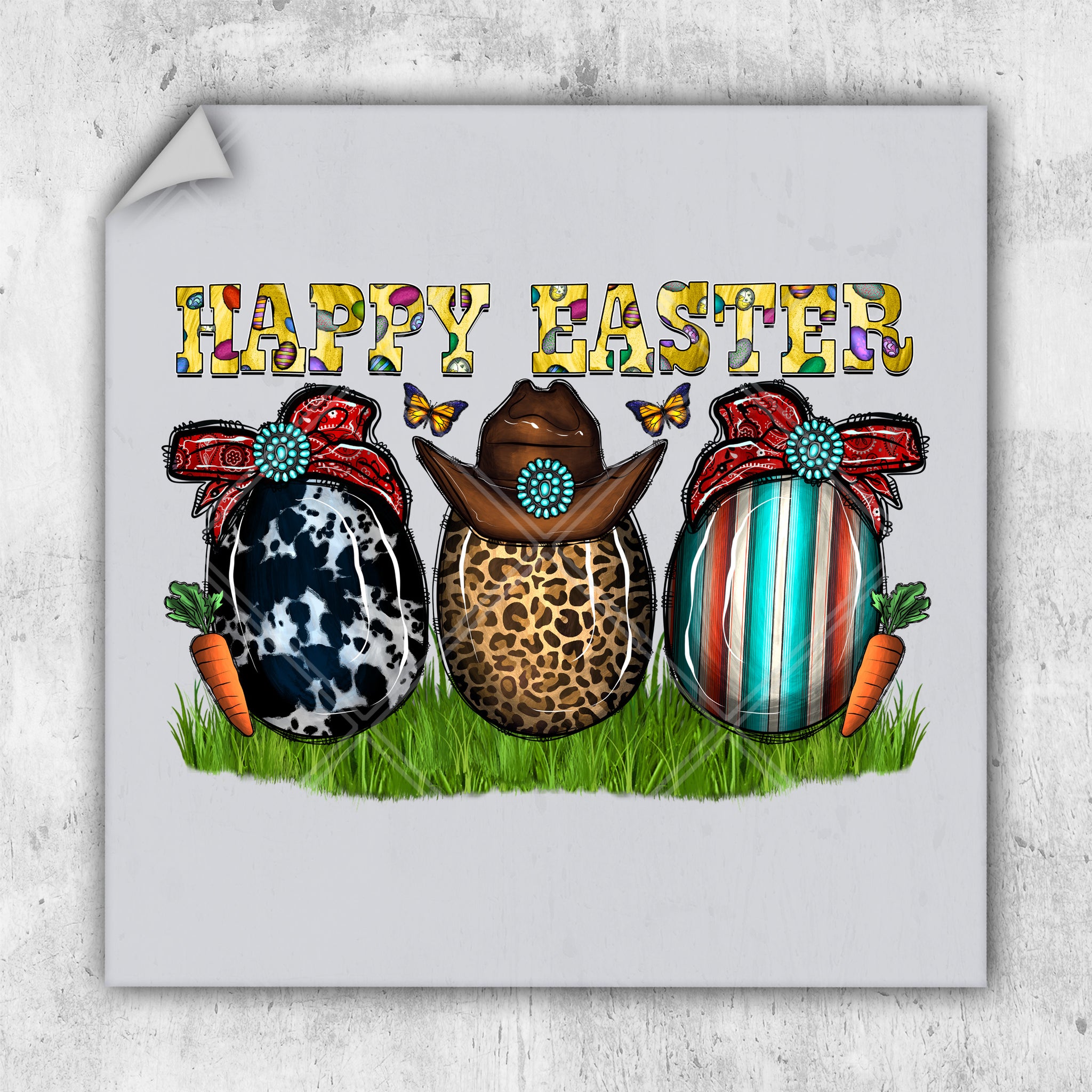 a happy easter card with three decorated eggs