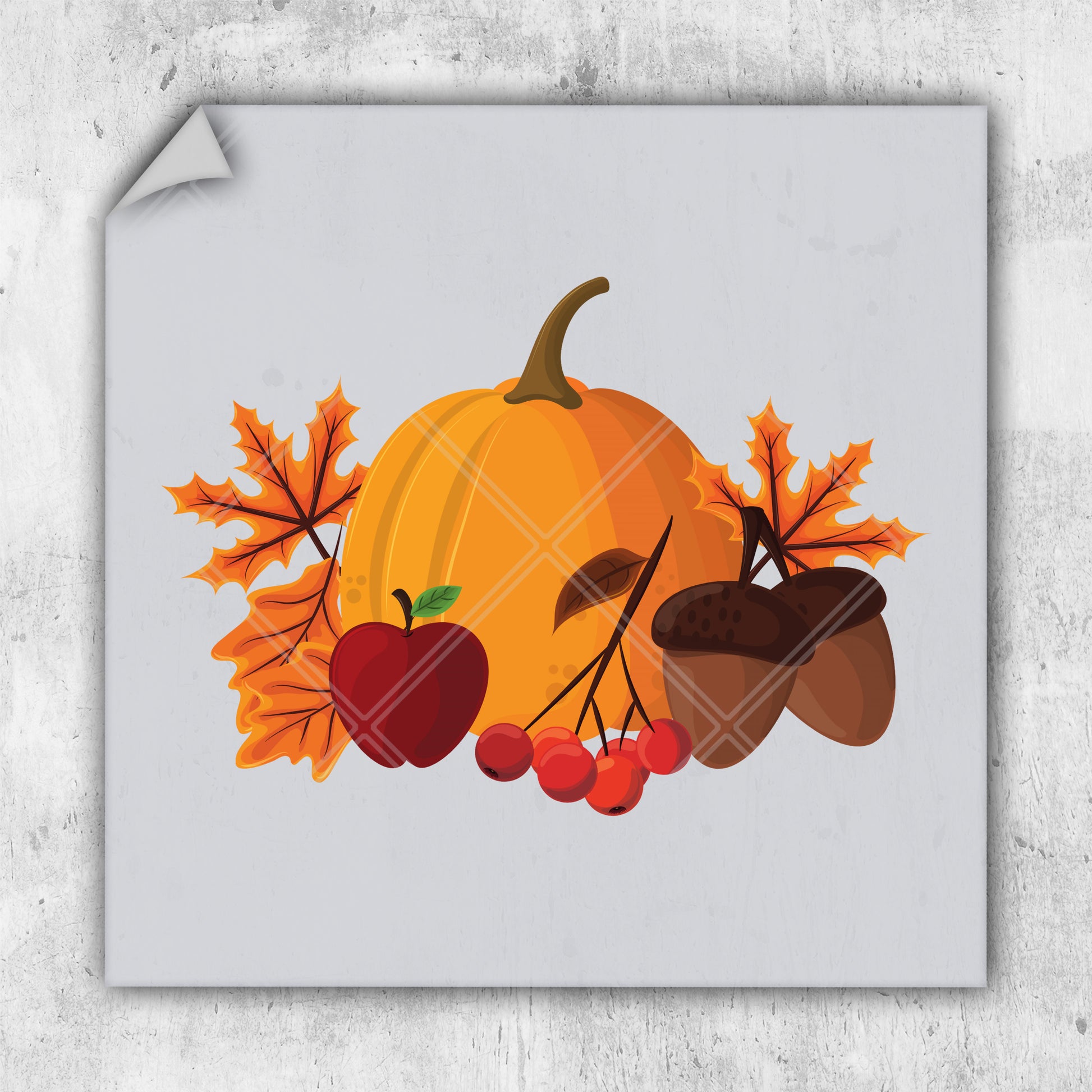 a picture of a pumpkin surrounded by autumn leaves and acorns