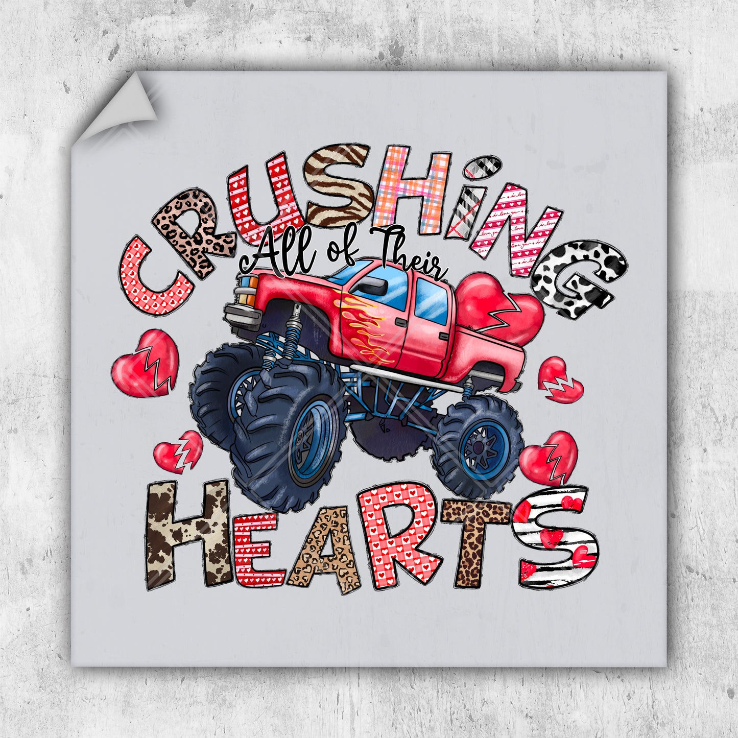 a red monster truck with hearts on it