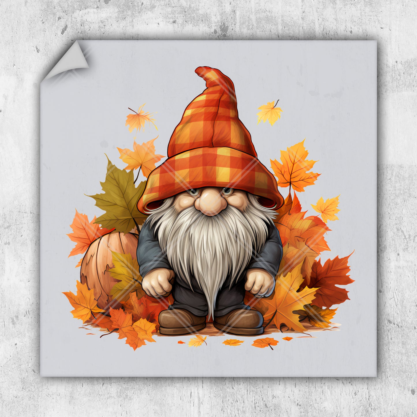 a picture of a gnome sitting on a pile of leaves