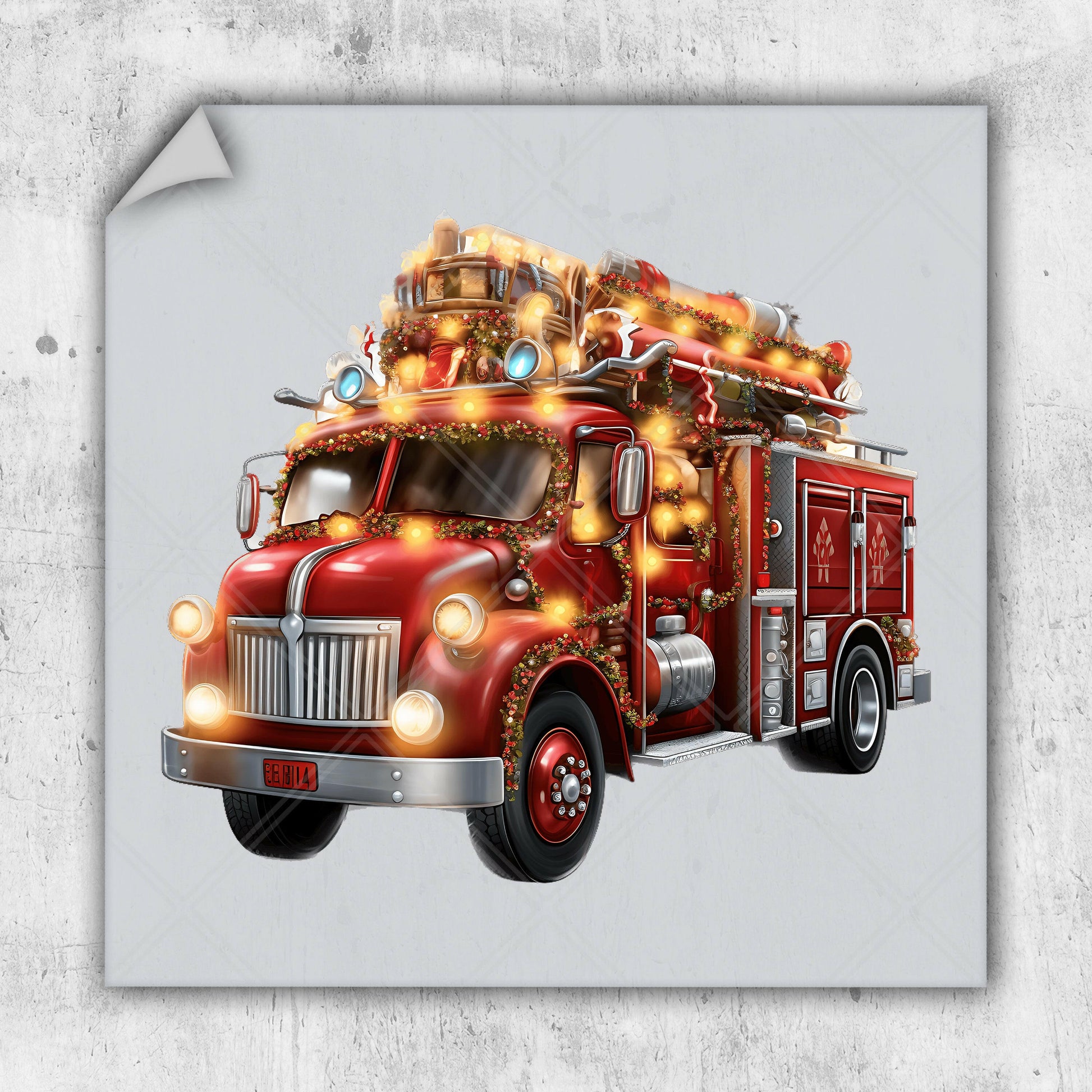 a red fire truck with christmas lights on it