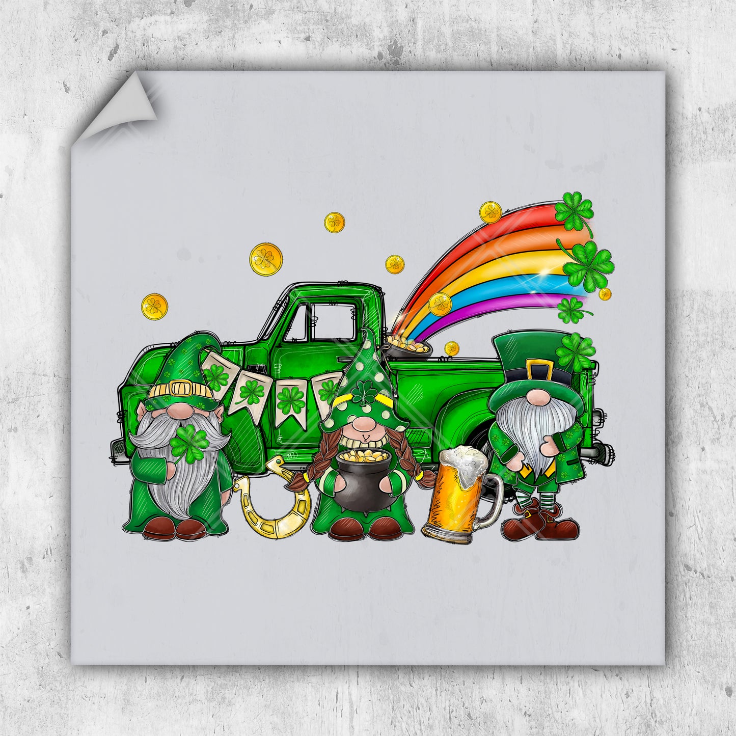 a drawing of a green truck with three lepreite men and a rainbow