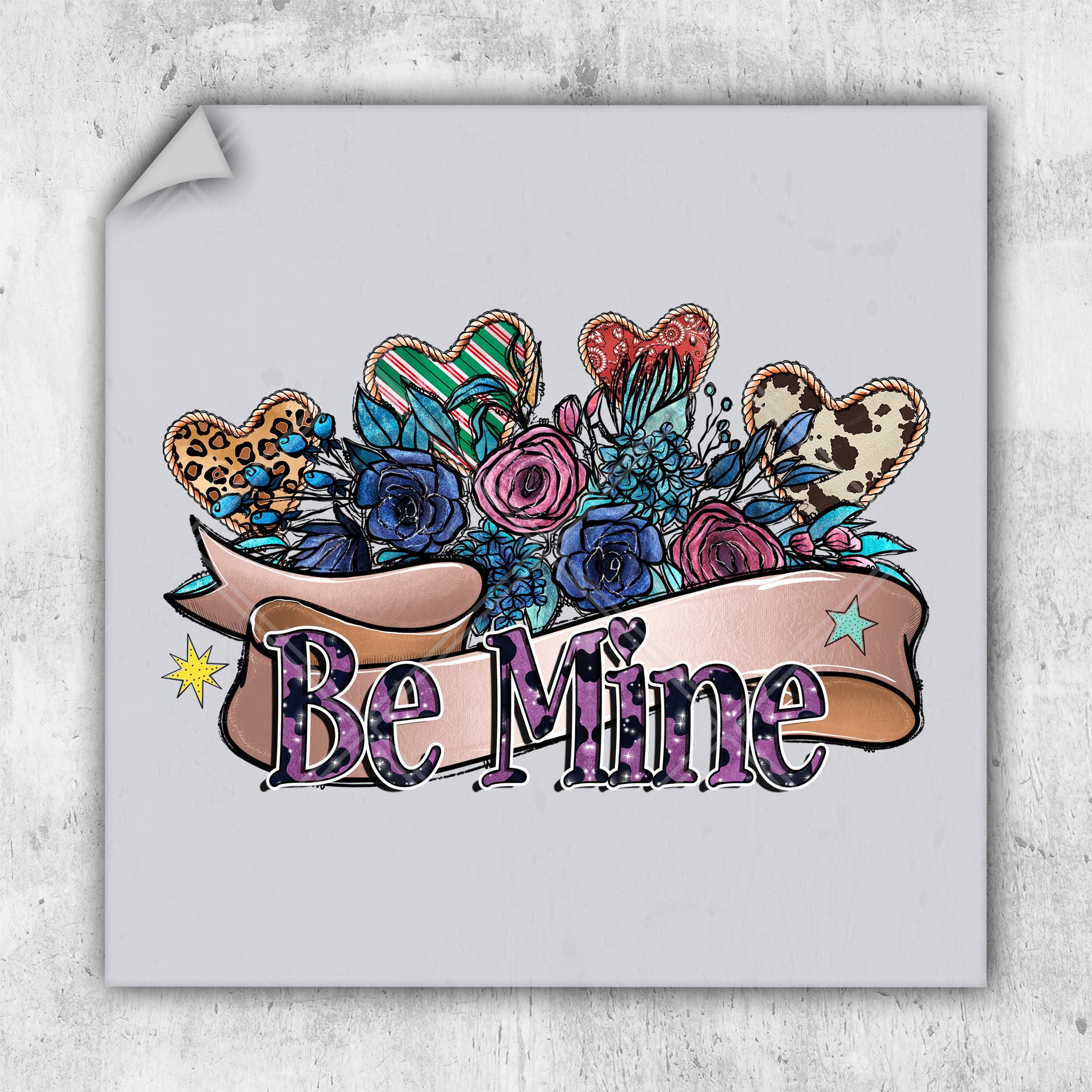 a sticker that says be mine with flowers and hearts