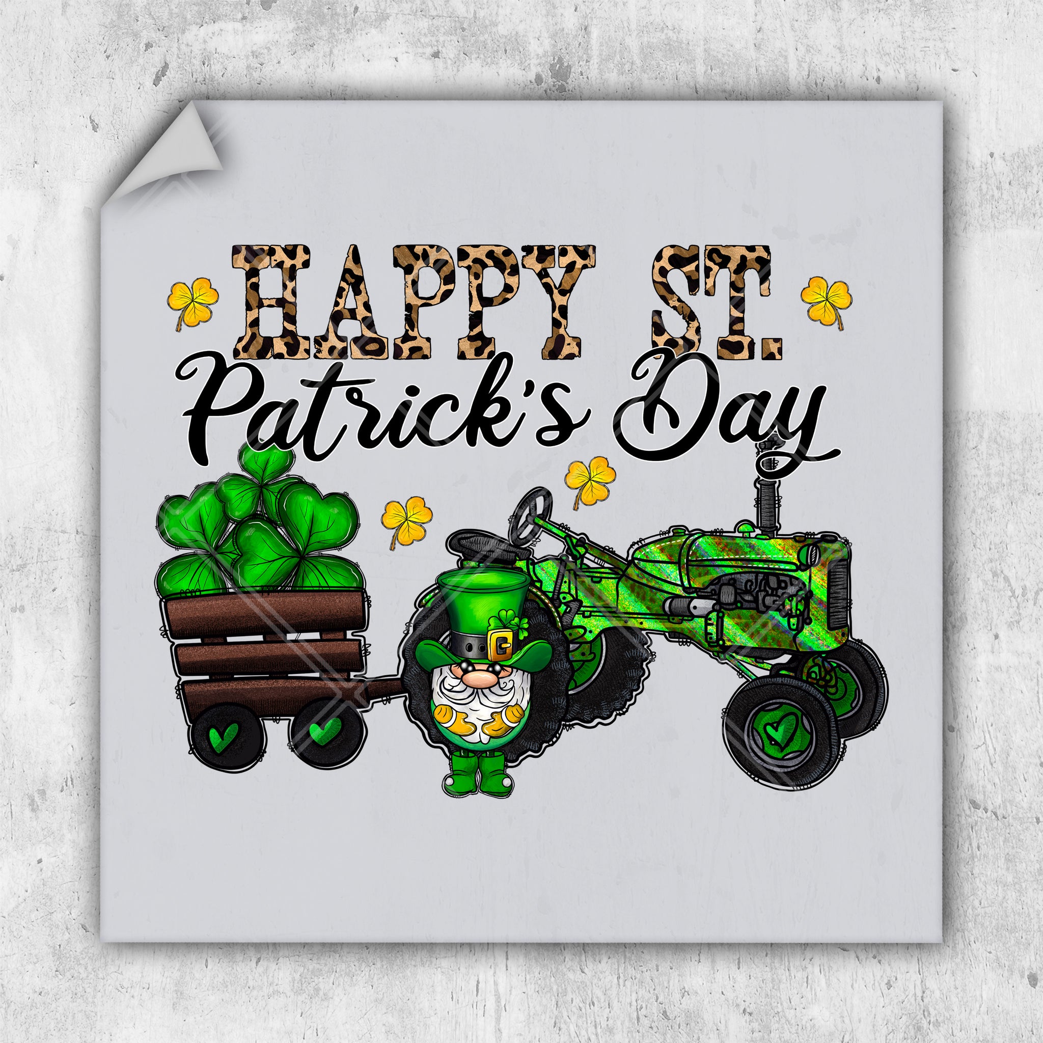 a st patrick's day card with a tractor and lepreite