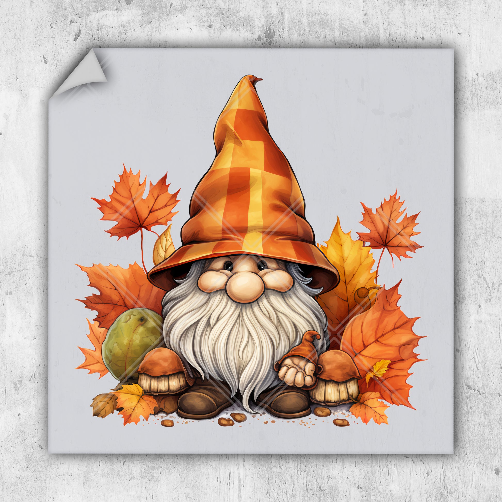 a picture of a gnome surrounded by leaves