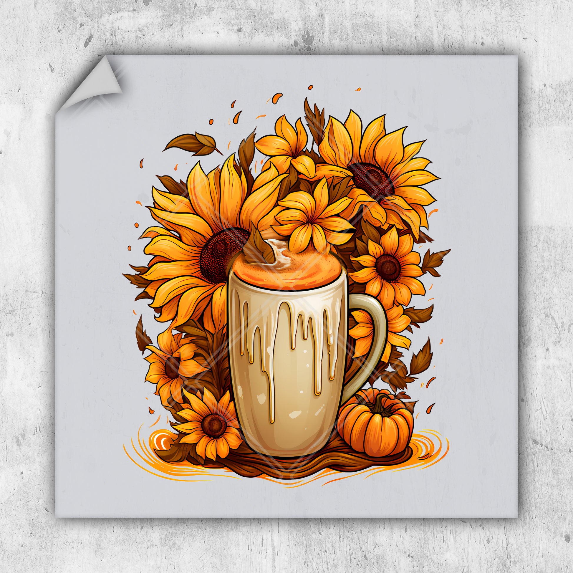 a cup of hot chocolate surrounded by sunflowers