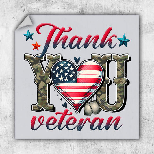 a thank you veteran sticker with a heart and american flag