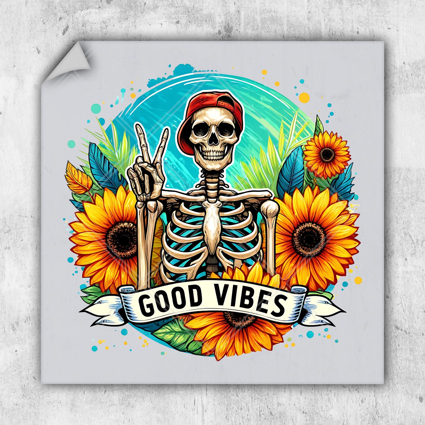 a sticker with a skeleton and sunflowers on it