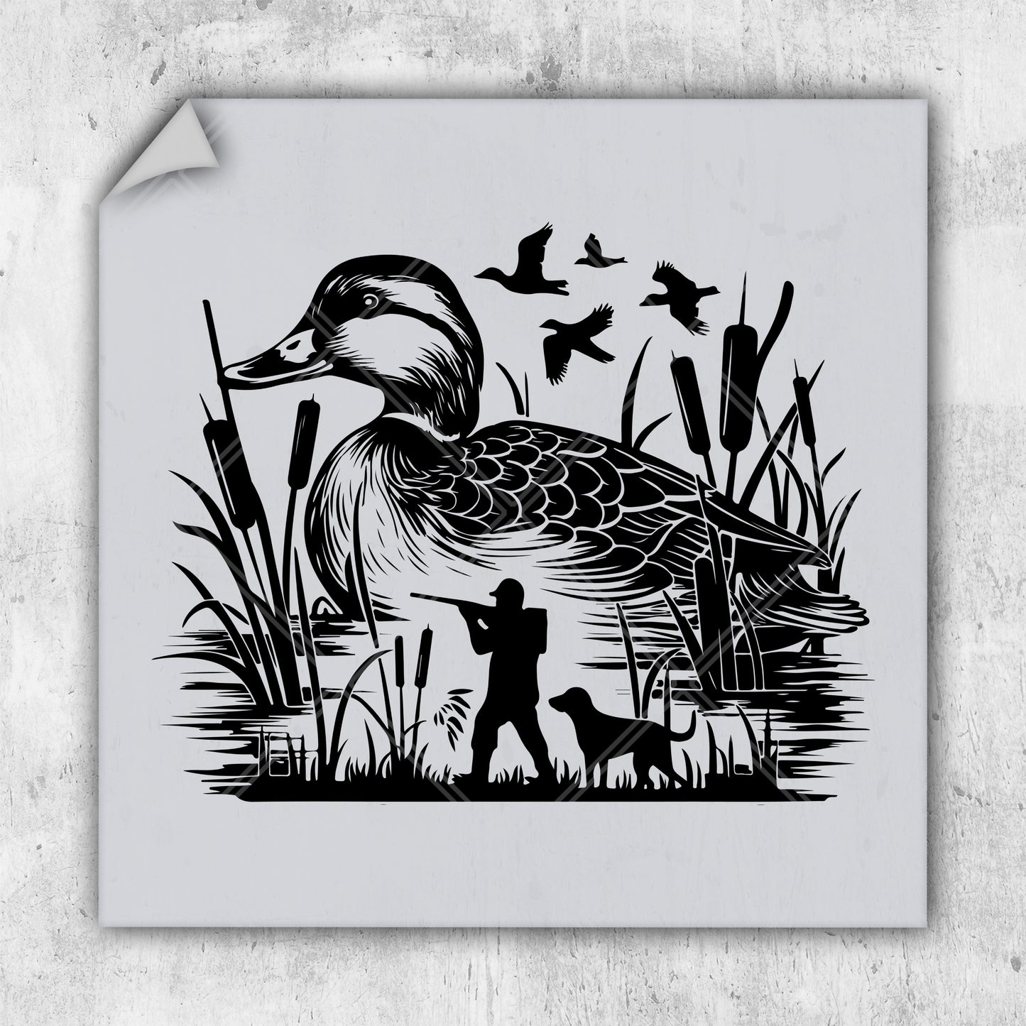 a black and white drawing of a duck and a man