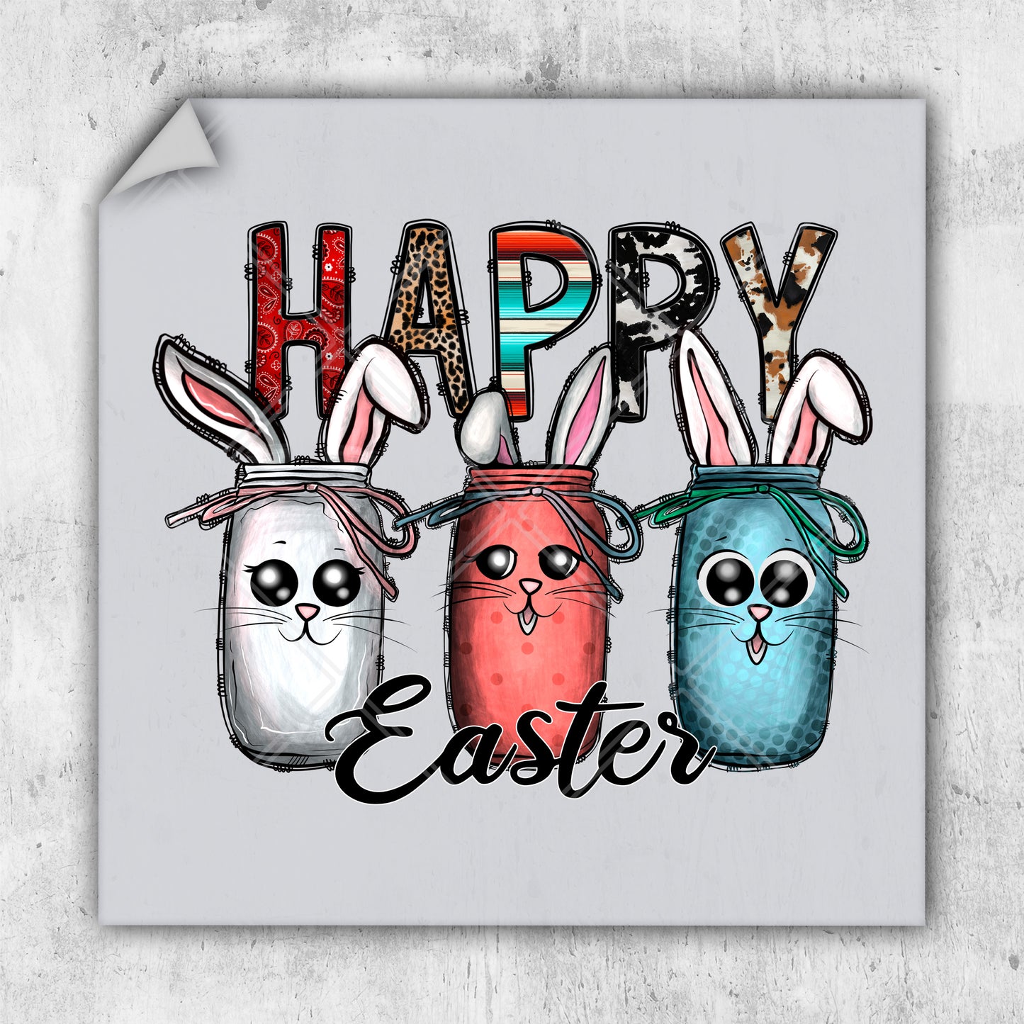 a happy easter card with three mason jars filled with bunny ears