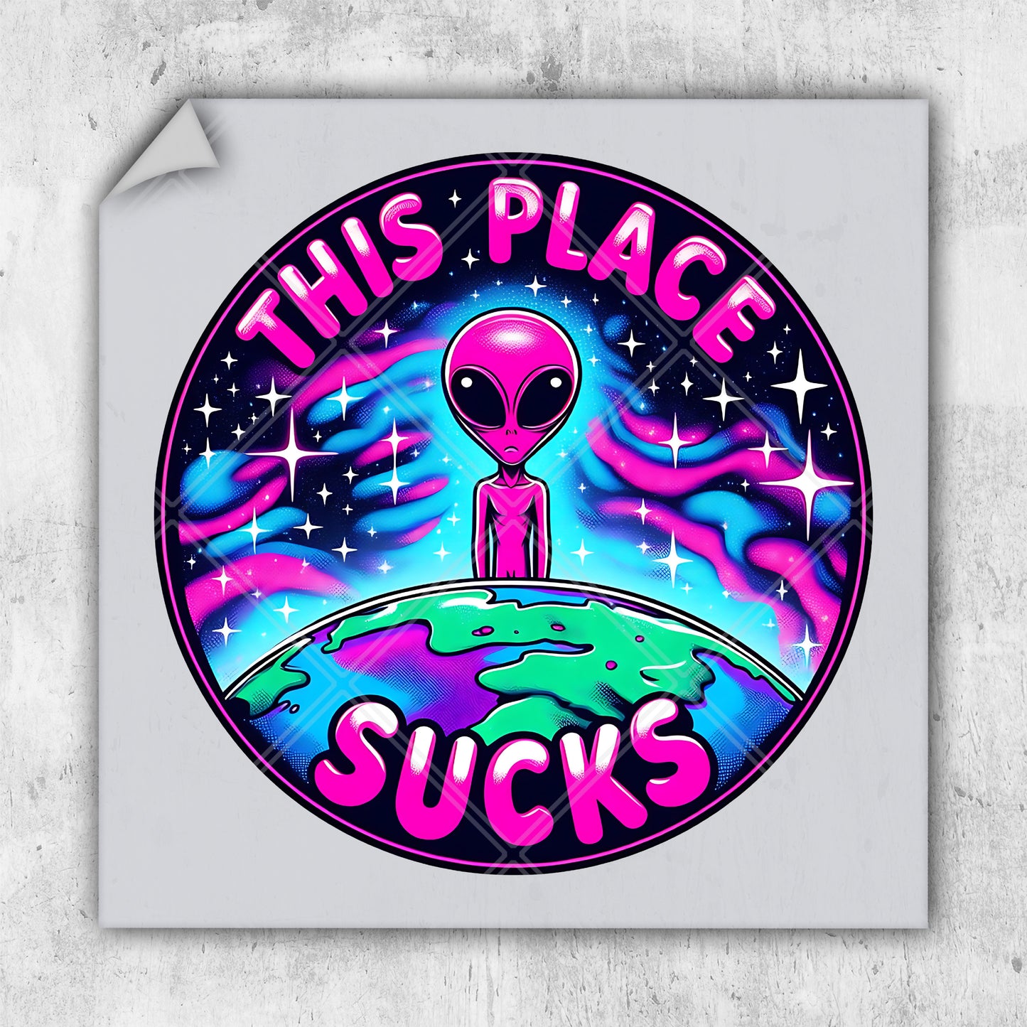 a sticker that says, this place sucks