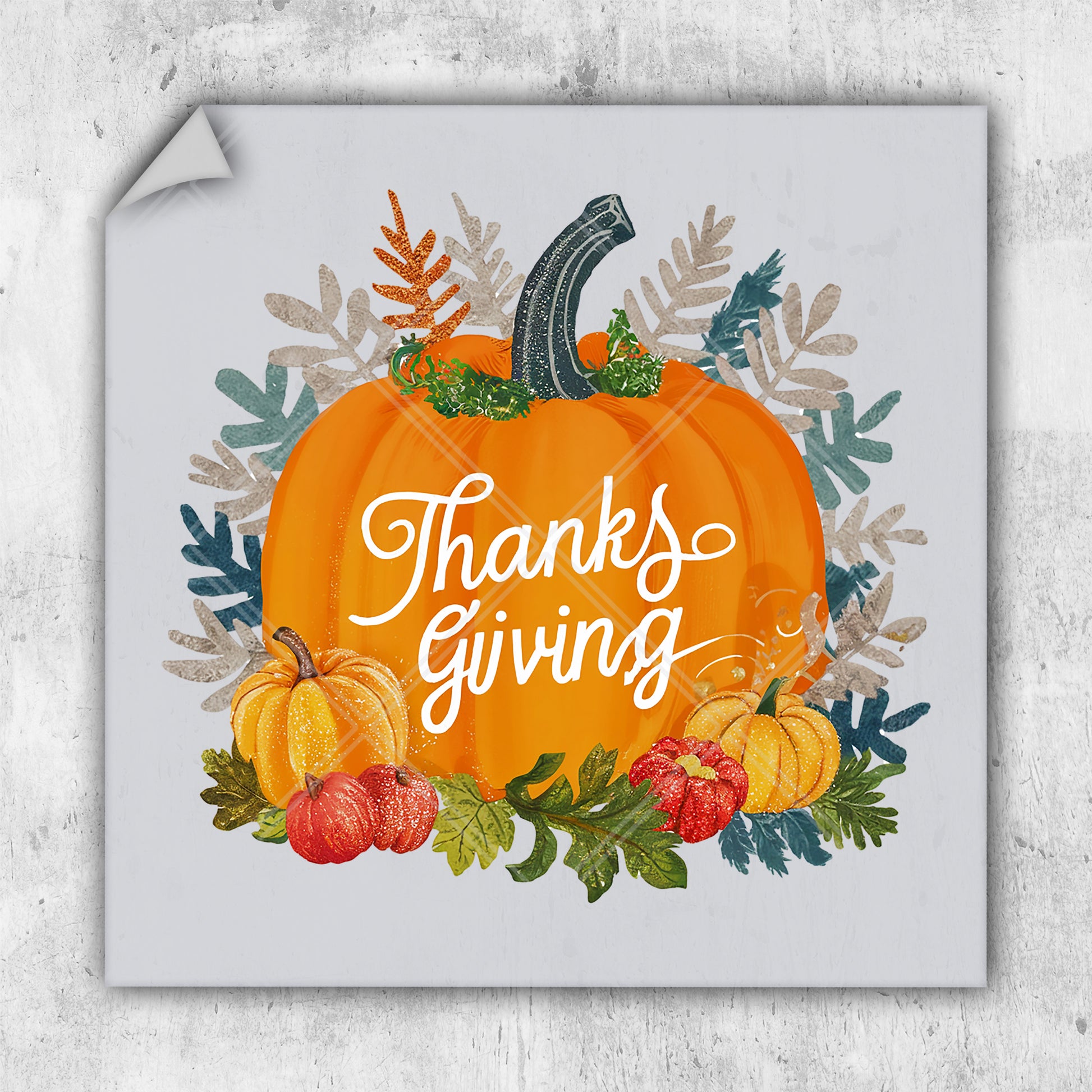 a thanksgiving card with a pumpkin and leaves