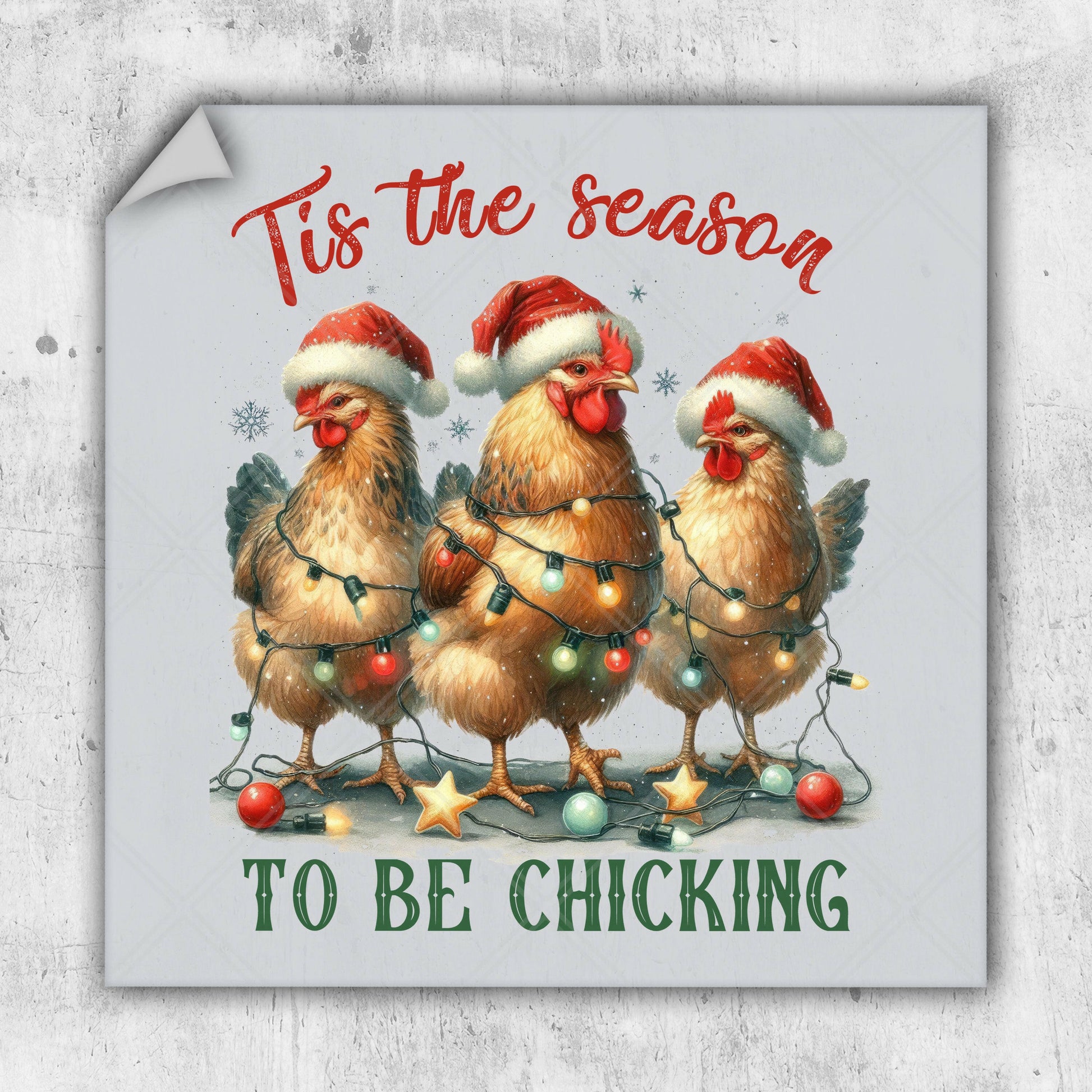 a christmas card with three chickens wearing santa hats