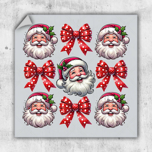 a christmas sticker with santa clauss and bows