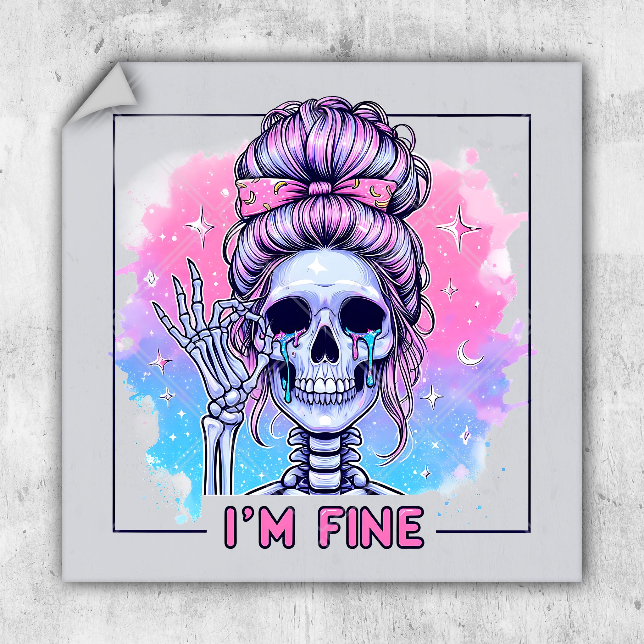 a sticker of a skeleton with a pink hair