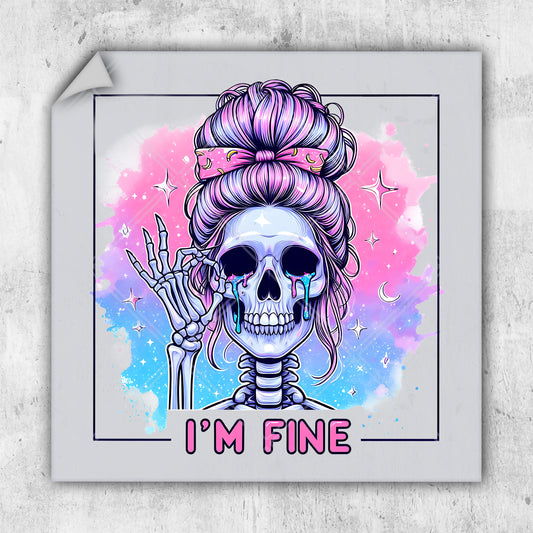 a sticker of a skeleton with a pink hair