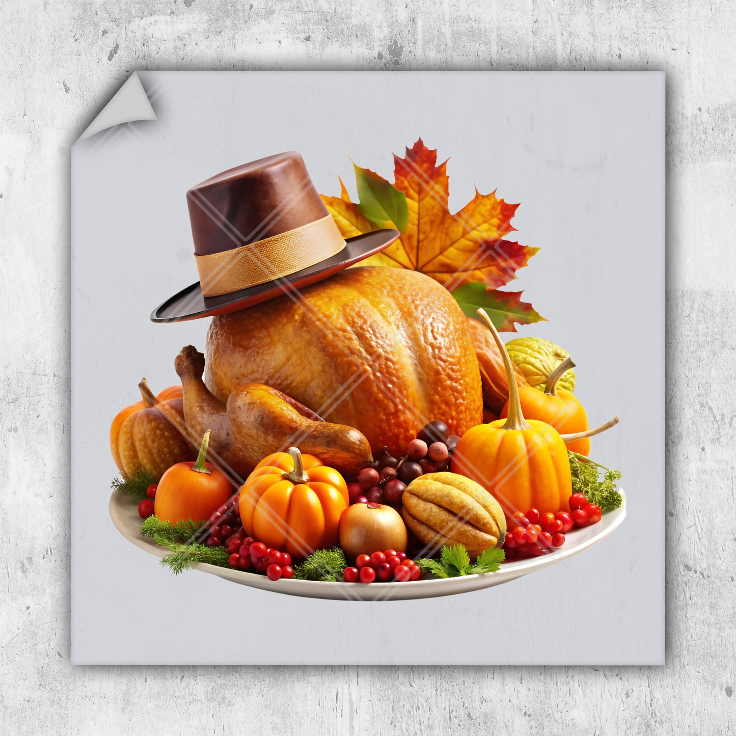 a turkey sitting on a plate with a hat on top of it