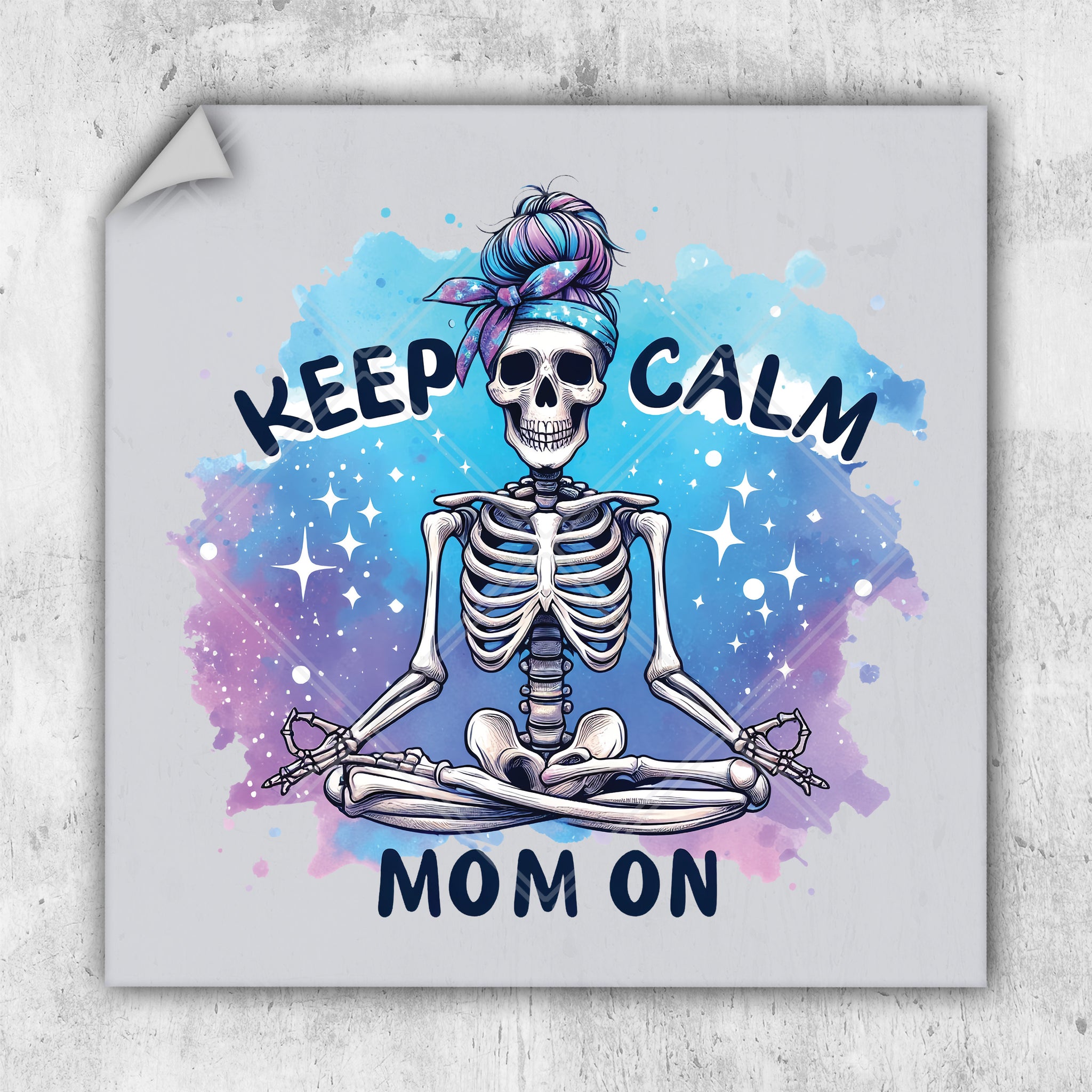 a skeleton sitting in a yoga pose with the words keep calm on it