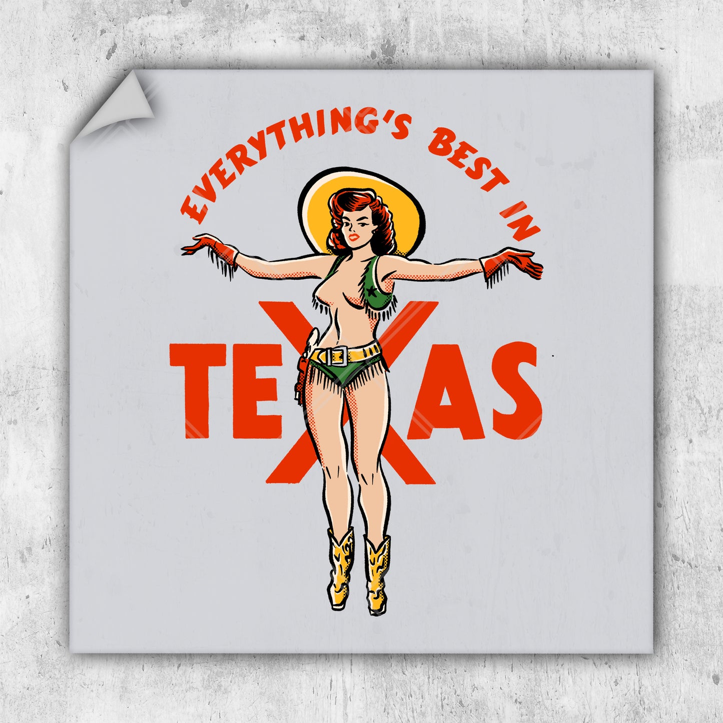 a sticker of a woman wearing a bikini and cowboy boots