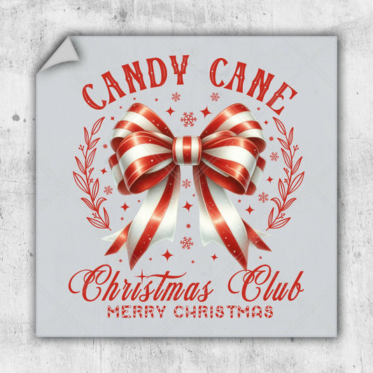 a candy cane christmas club sign with a bow