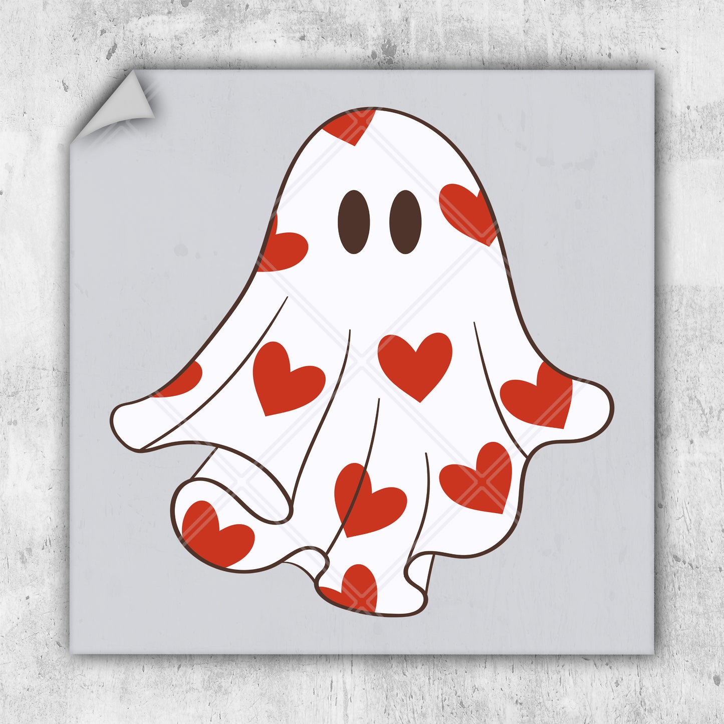 a sticker of a ghost with hearts on it