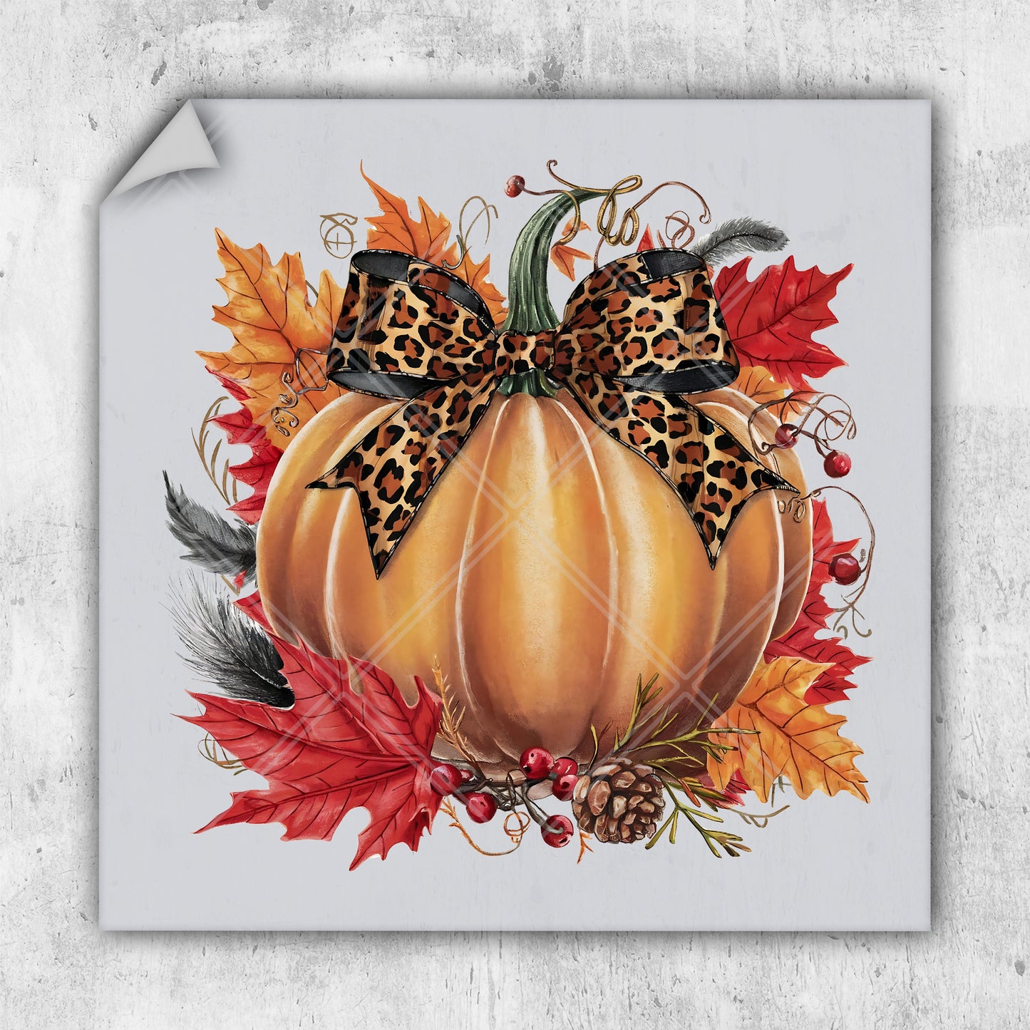 a painting of a pumpkin with a leopard print bow