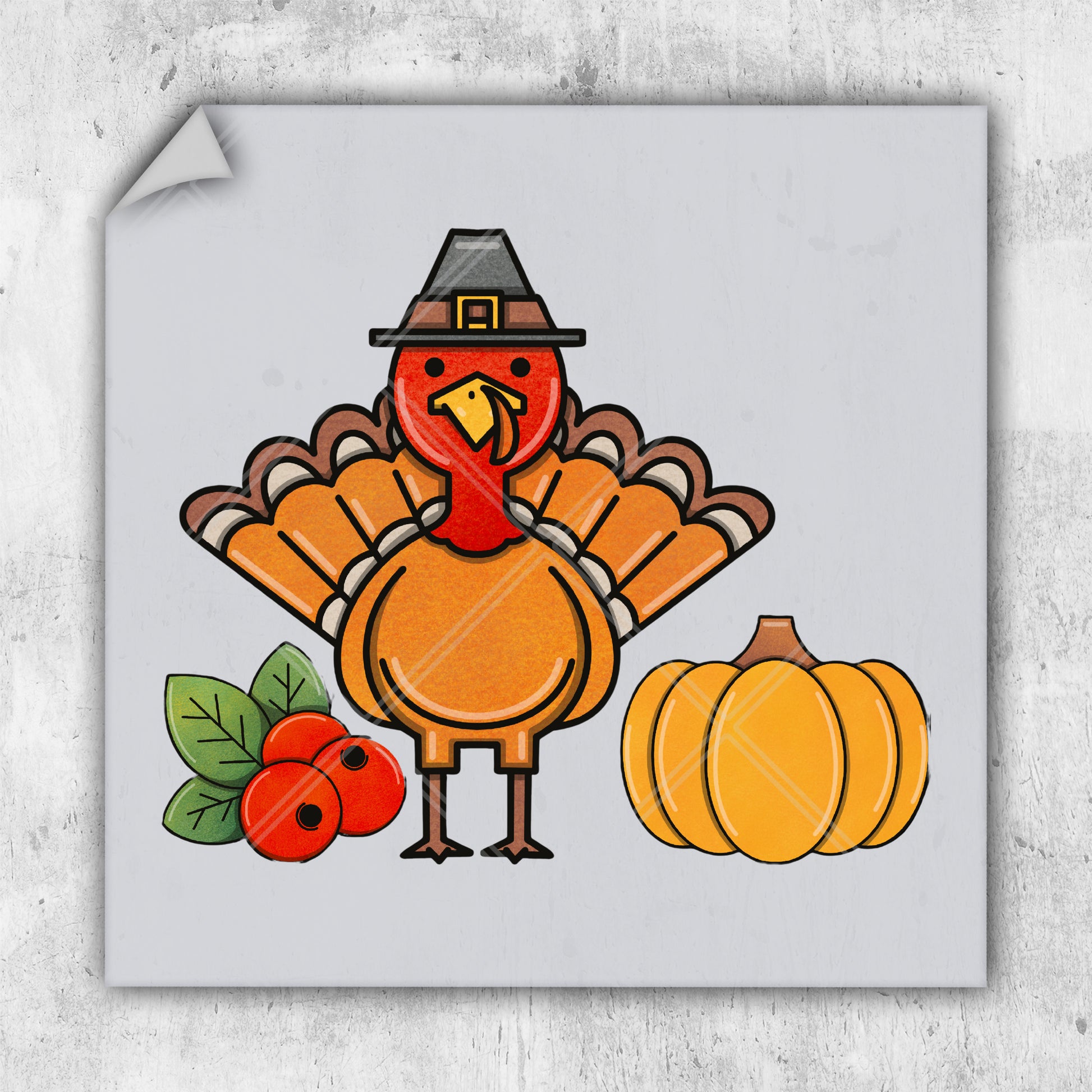 a turkey with a pilgrim hat next to some pumpkins