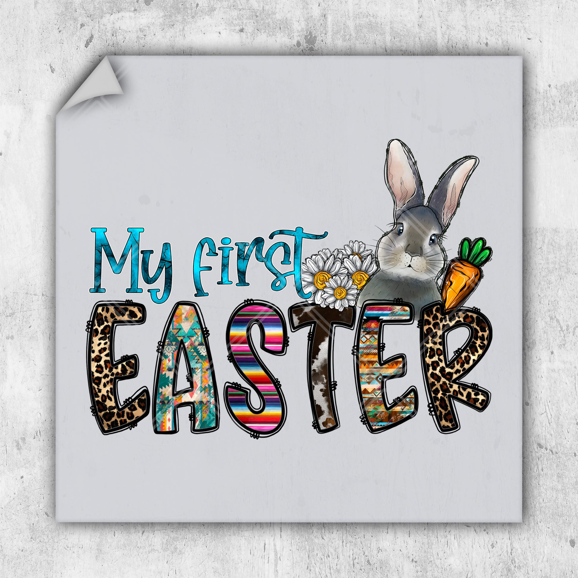 a picture of a rabbit with the words my first easter