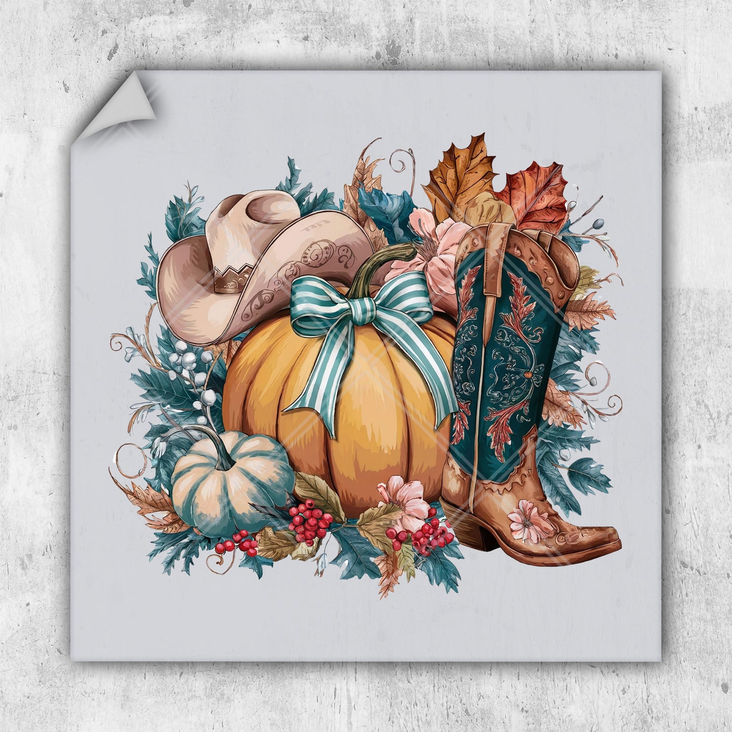 a painting of a cowboy boot, boots, and autumn leaves