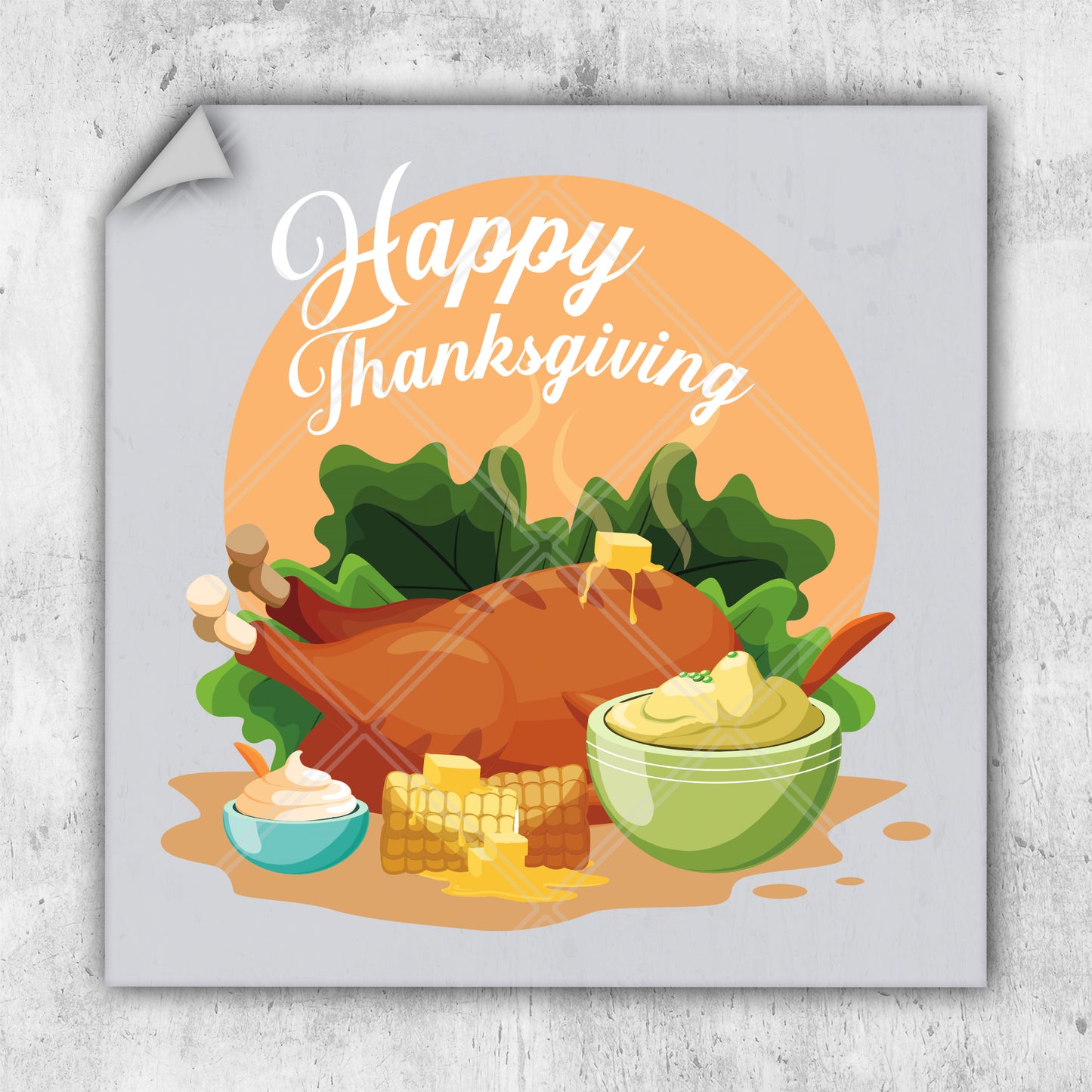 a happy thanksgiving card with a turkey and other foods