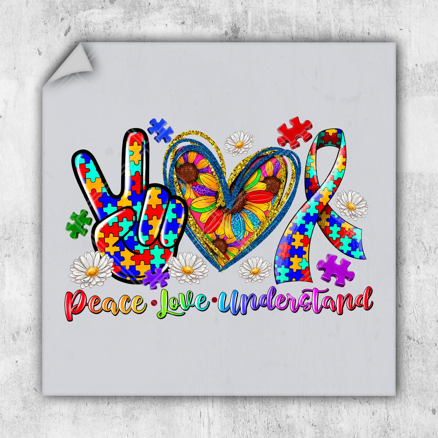 a piece of paper with a peace love and autism design on it