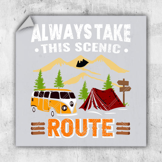 a poster with a camper and a bus on it