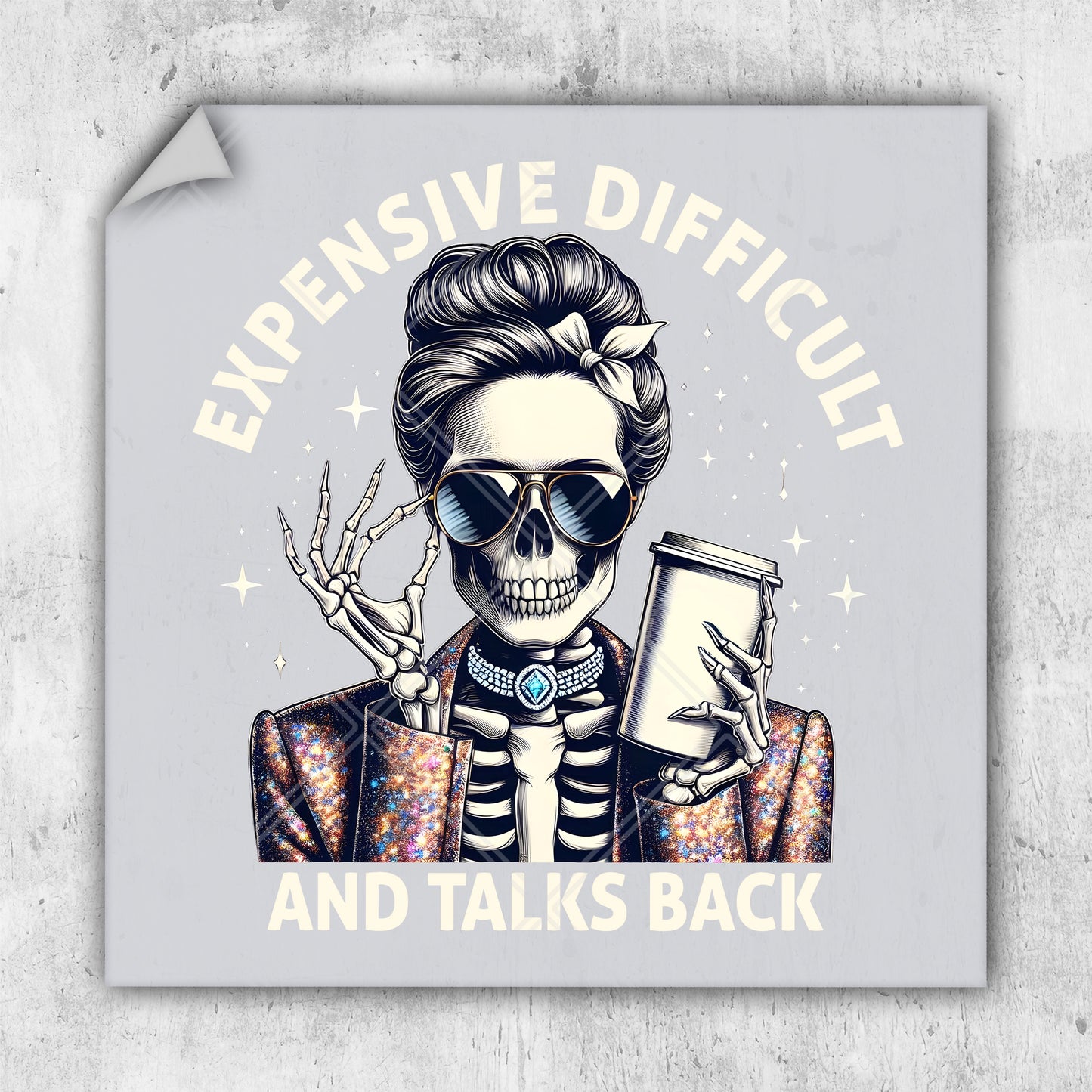 a sticker with a skeleton holding a drink