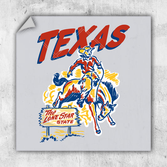 a sticker of a man riding a horse with the word texas on it