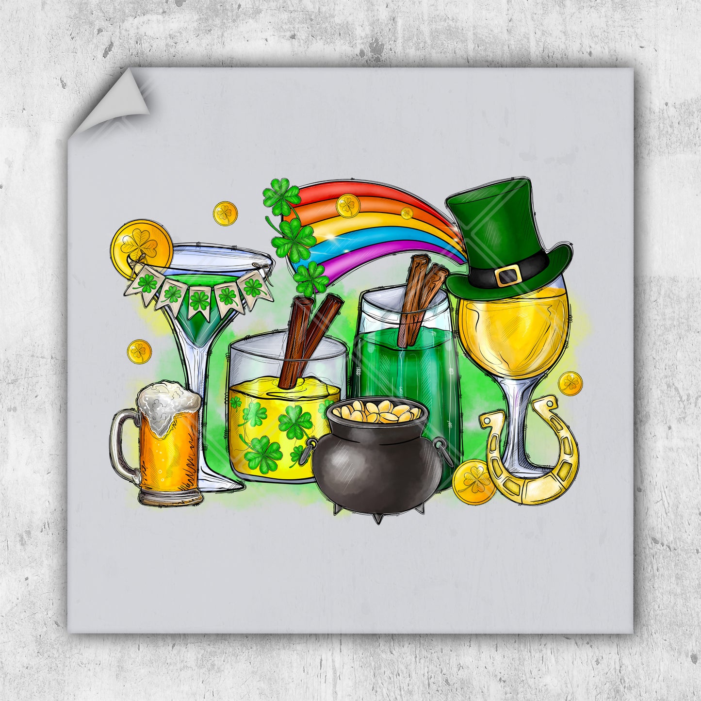 a st patrick's day card with a pot of gold, a pot of