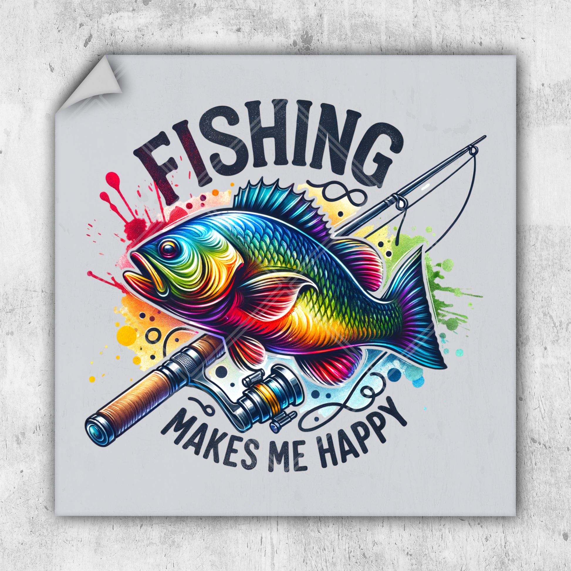 a sticker with a fish and a fishing rod