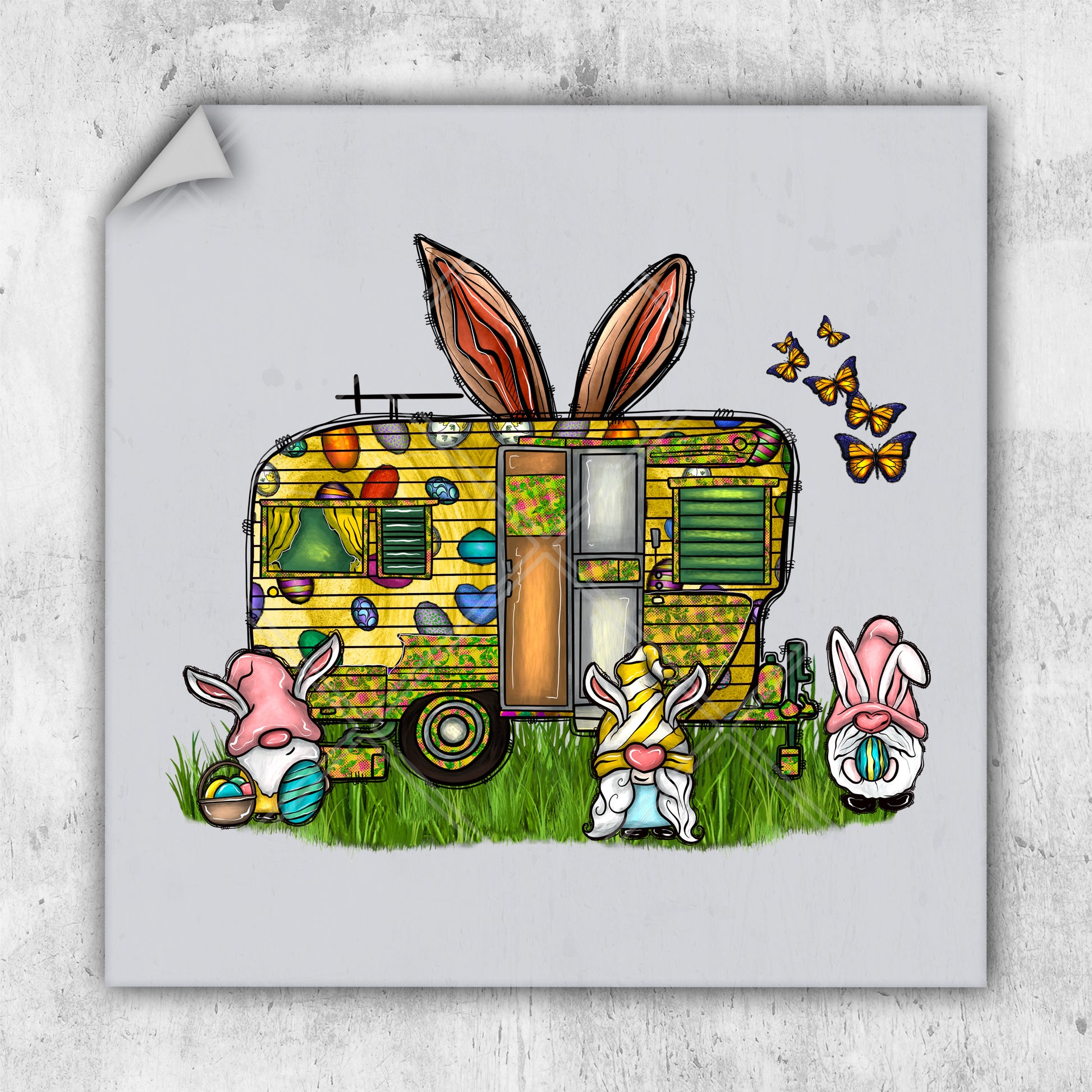 a drawing of a trailer with a bunny and a bunny rabbit sitting in the grass