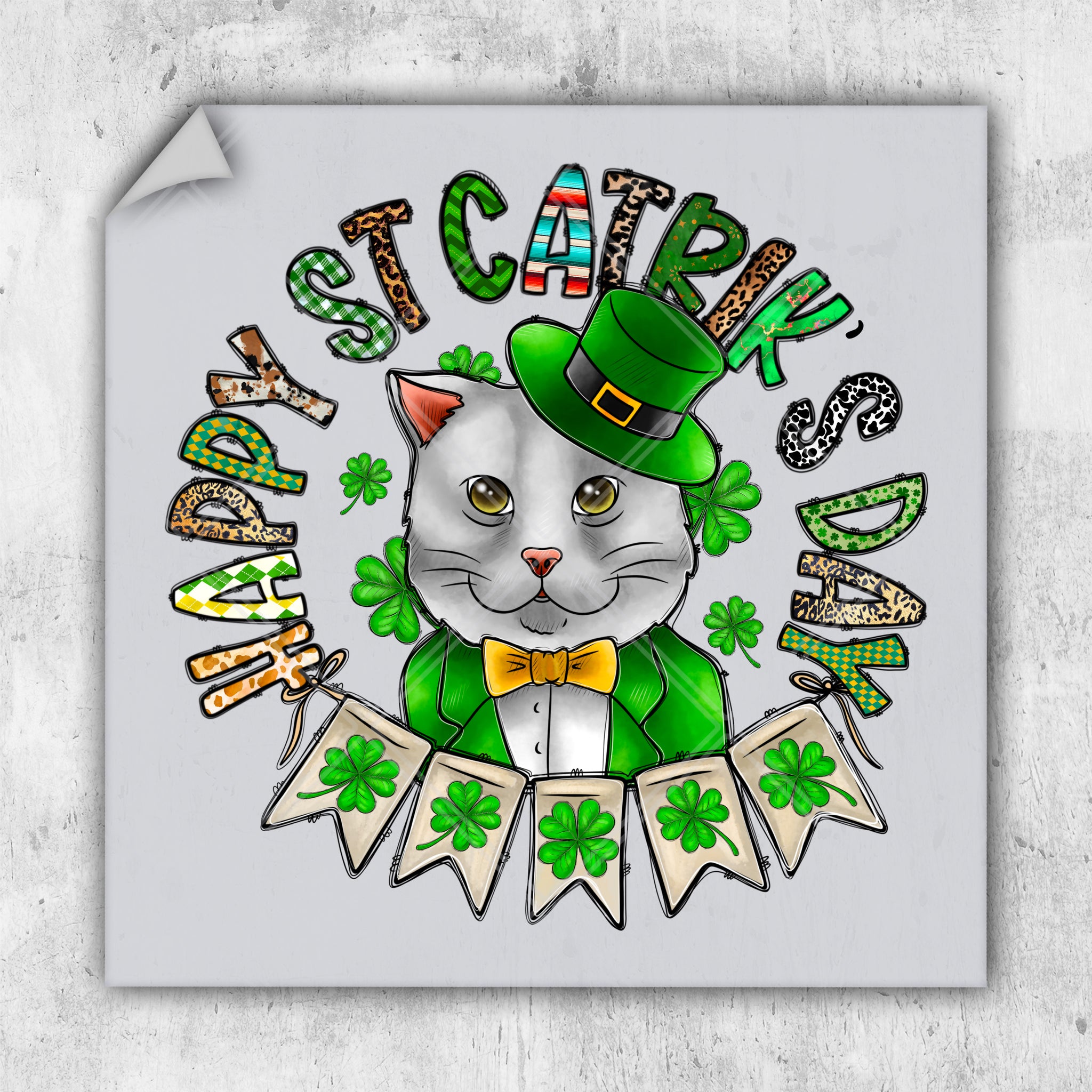 a white cat wearing a green hat and bow tie