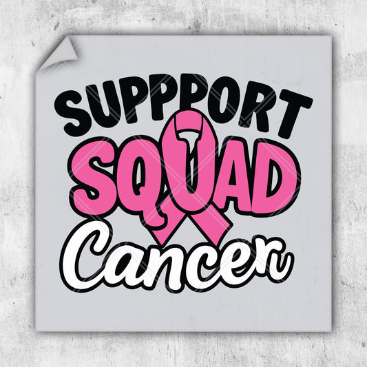 a square sticker with the words support squad cancer