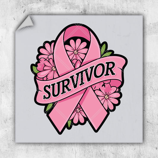 a sticker with a pink ribbon and flowers on it