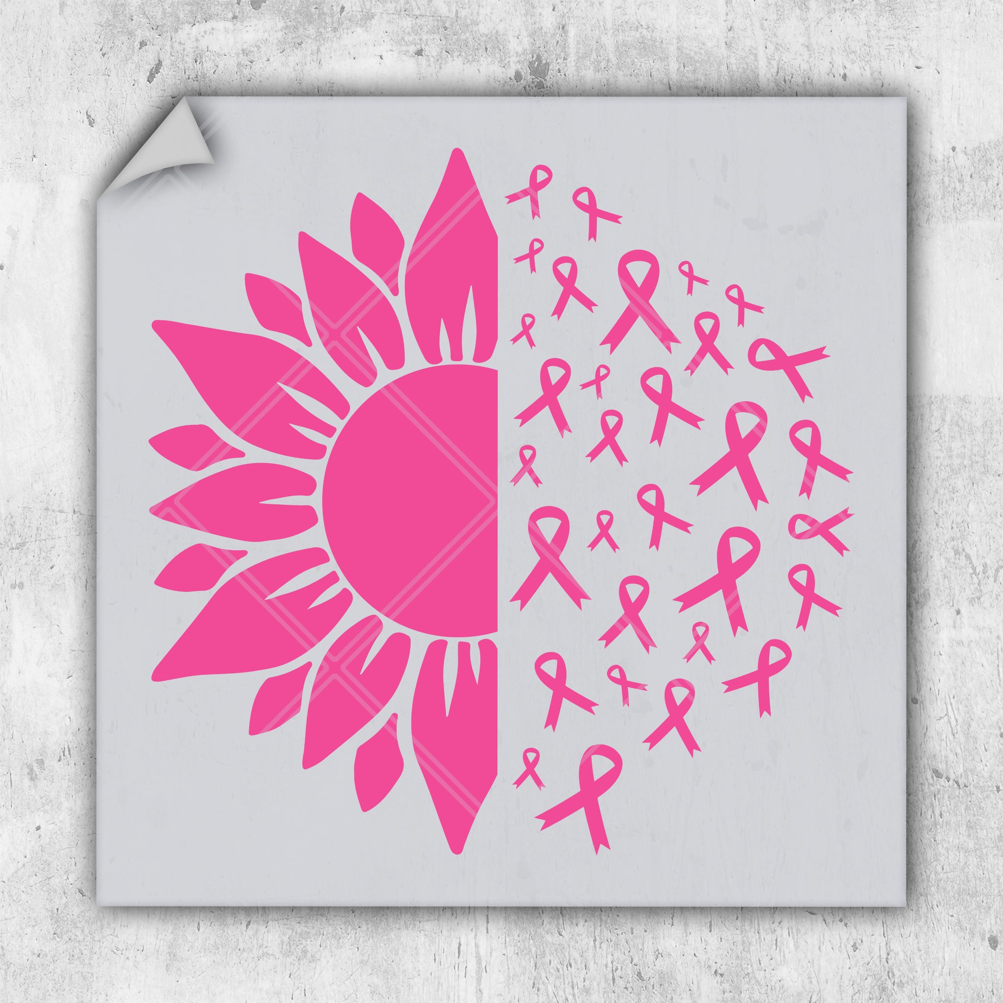 a picture of a sunflower with pink ribbons on it