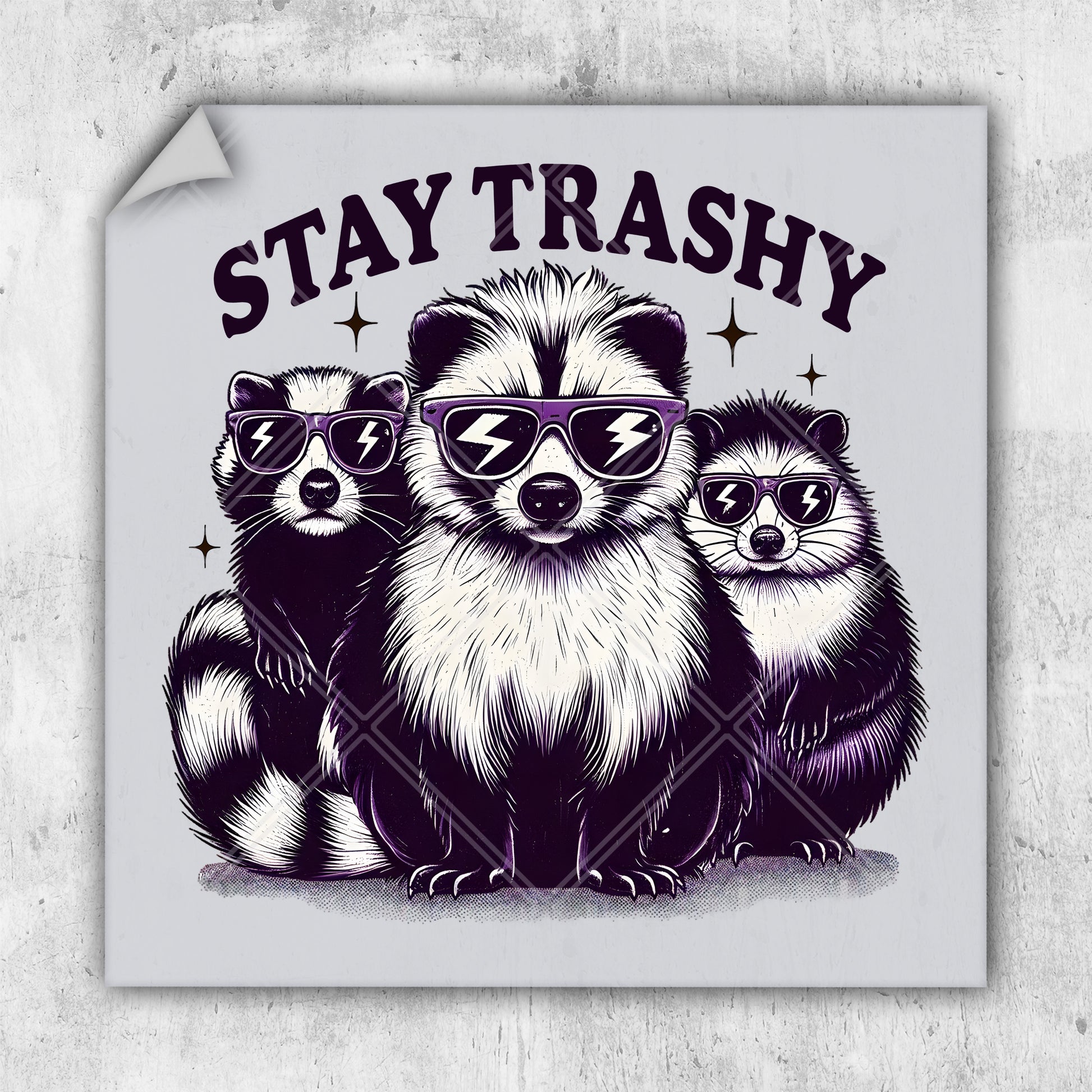 a sticker with three raccoons wearing sunglasses