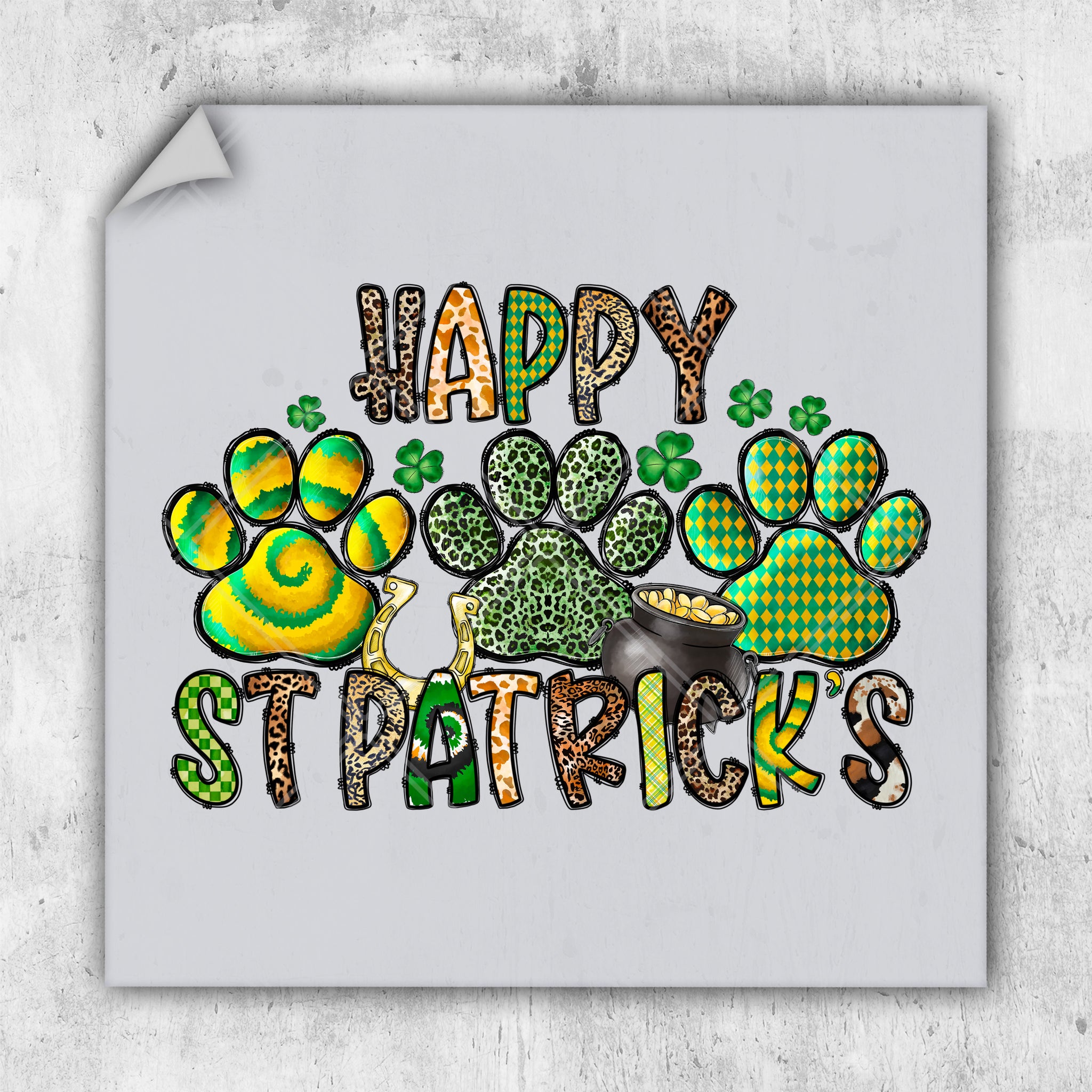 a st patrick's day card with a shamrock and a dog's paw